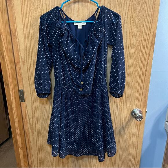 Michael Kors Navy Blue Polka Dot Cold Shoulder Dress Size Medium - Picture 1 of 10